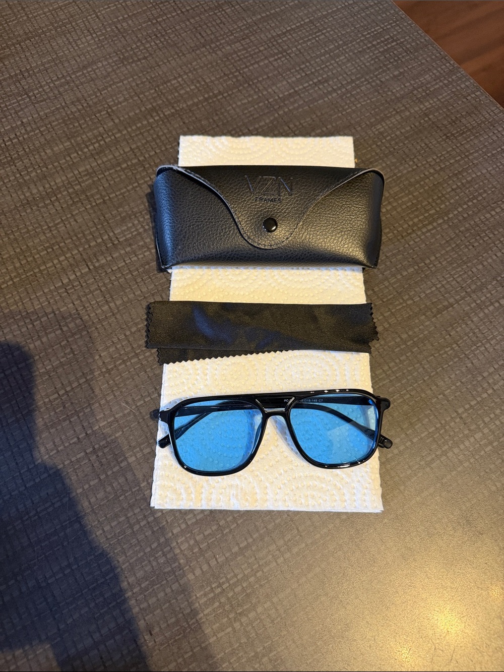 Men's VZN Black Frame Sunglasses with Blue Lenses and Case